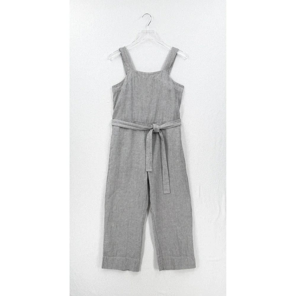 Everlane Jumpsuit Women 2 Gray Striped Linen Sleeveless Belted Wide Leg